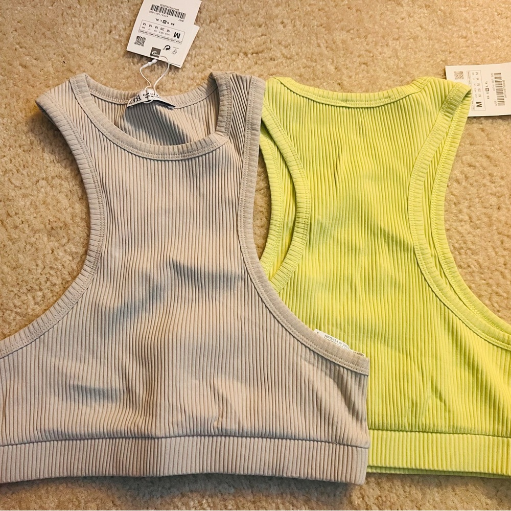 2 (Two) Zara Ribbed Crop Tops in Gray and Yellow